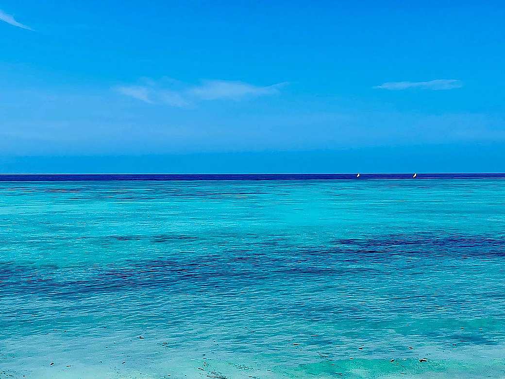 Turquoise Zanzibar sea with dhow sails on the horizon
